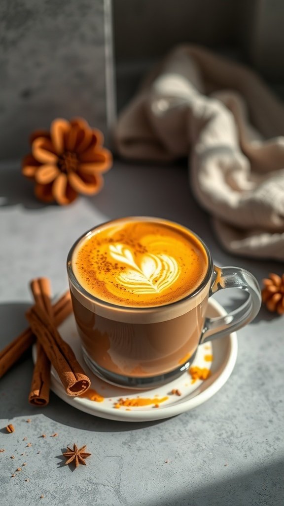 A cup of golden milk chai with cinnamon sticks and star anise on a table.