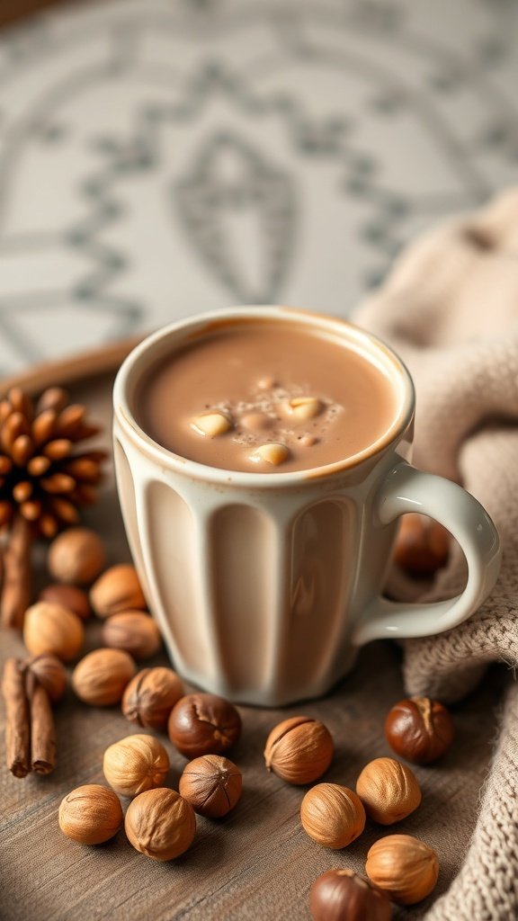 A cozy cup of hazelnut hot chocolate surrounded by hazelnuts and cinnamon sticks.