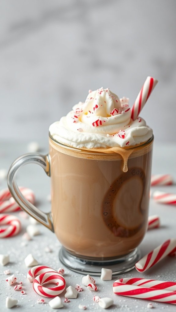 A delicious peppermint mocha topped with whipped cream and candy canes.