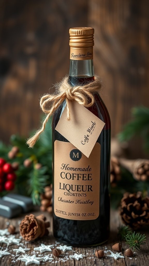 A bottle of homemade coffee liqueur with a rustic tag, surrounded by festive decorations.