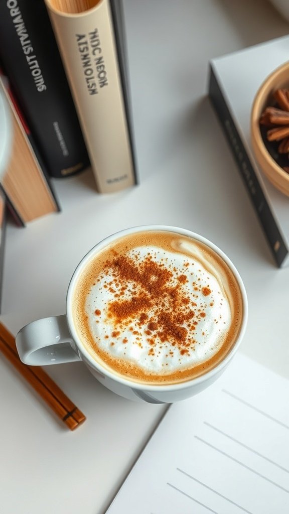 A cup of coffee with frothy milk and cinnamon on top, surrounded by books and a notepad.