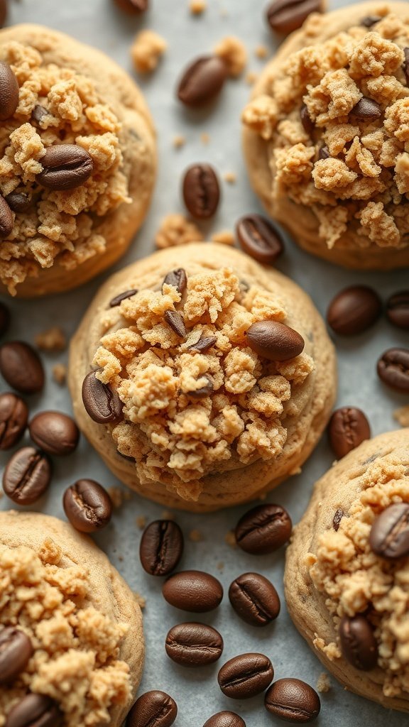 Close-up of coffee cake cookies topped with crumbly topping and coffee beans.