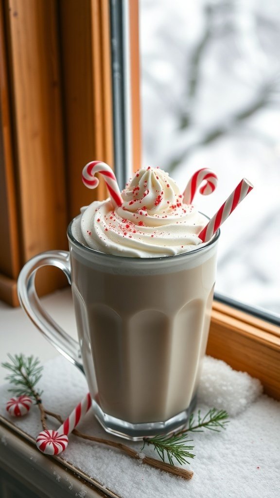 A cozy cup of Peppermint White Chocolate Coffee topped with whipped cream and candy canes, sitting by a snowy window.