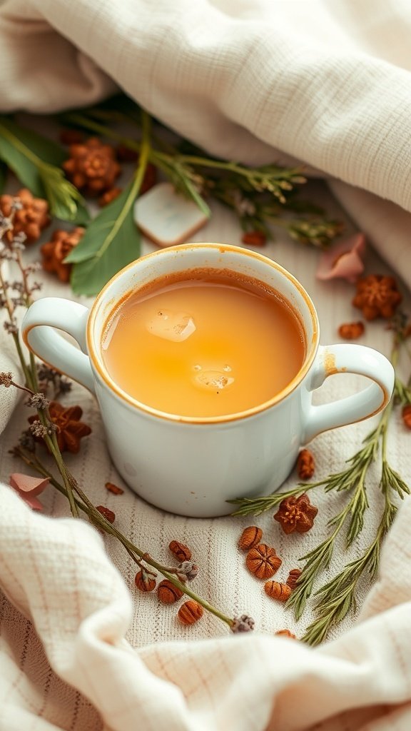 A cozy cup of golden milk chai surrounded by herbs and spices.