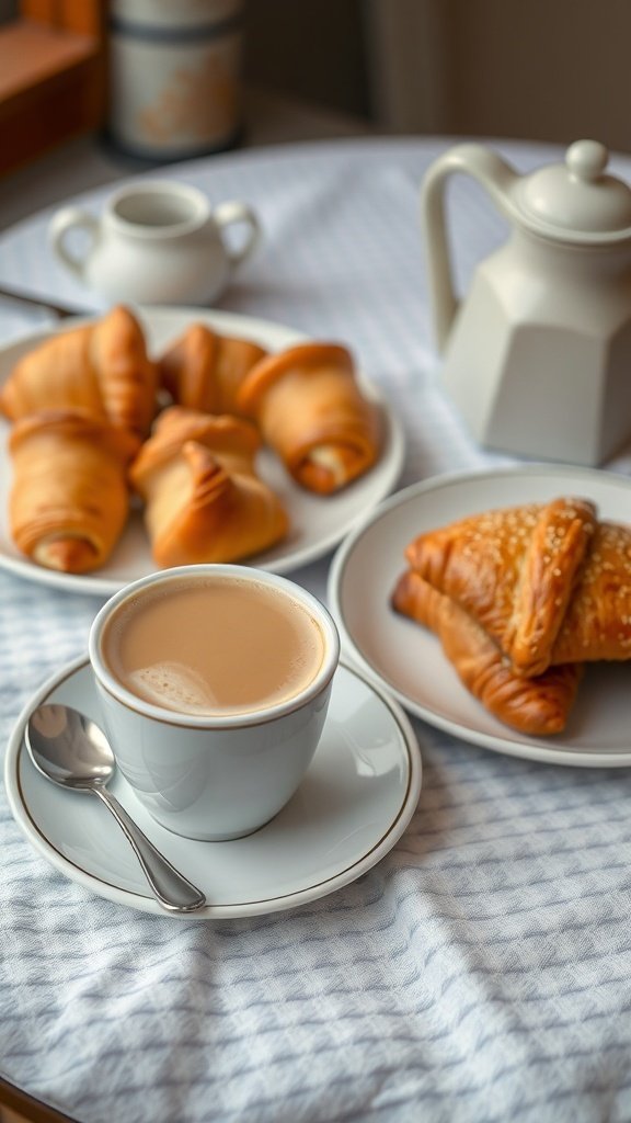A cozy cup of chai latte with latte art, a croissant, and a handwritten note on a table.