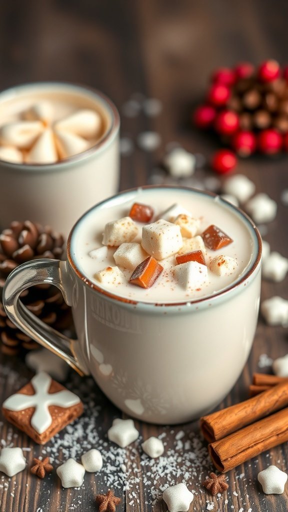 A cozy mug of Cinnamon Roll White Hot Chocolate topped with marshmallows and cinnamon, surrounded by festive decorations.