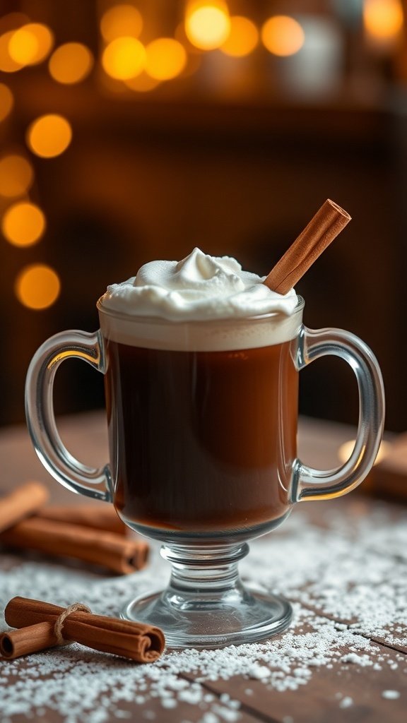 A glass of cinnamon infused Irish coffee topped with whipped cream and a cinnamon stick, surrounded by cinnamon sticks and sugar on a wooden table.