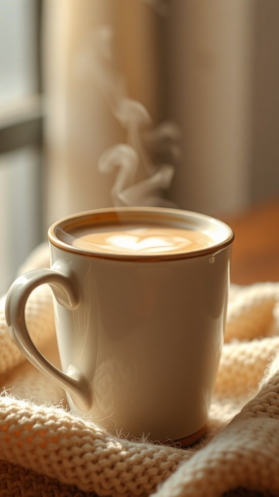 A steaming cup of creamy turmeric latte on a cozy knitted blanket.