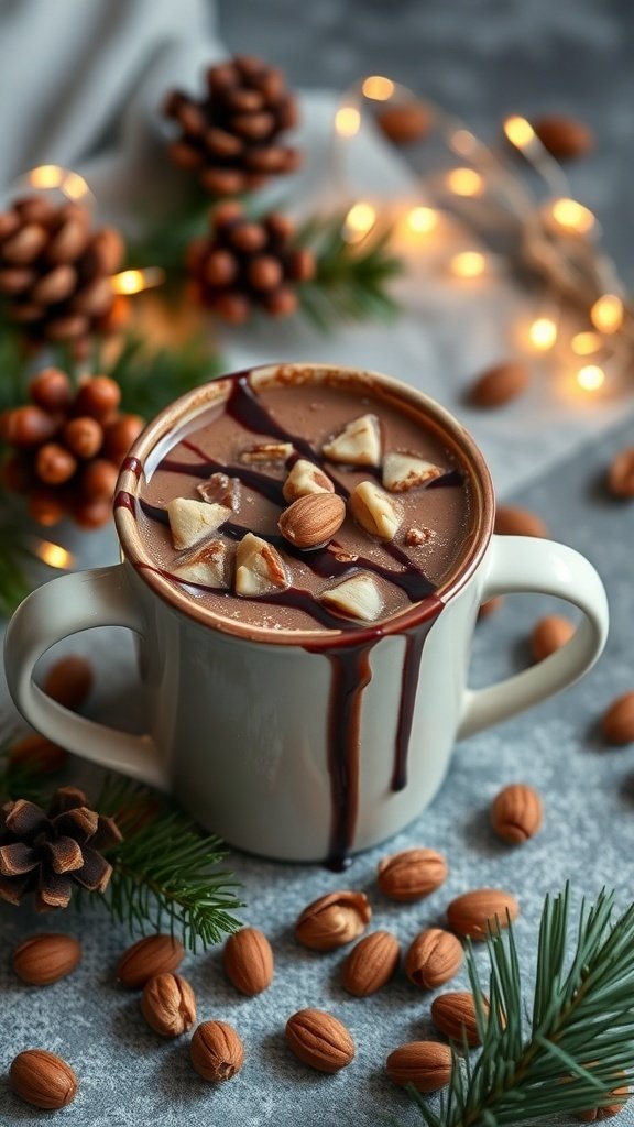 A cozy mug of hazelnut mocha cocoa topped with chocolate drizzle and hazelnuts, surrounded by pinecones and almonds.