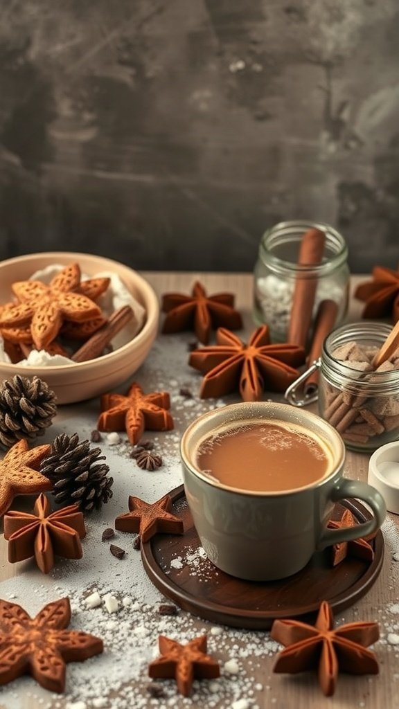 A cozy scene featuring a cup of gingerbread chai latte surrounded by festive gingerbread cookies and pinecones.