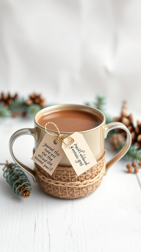 A cozy gingerbread chai latte in a decorative mug, wrapped with twine and gift tags, surrounded by pine cones and greenery.