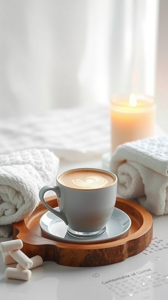 A cozy scene featuring a cup of golden milk on a wooden tray, surrounded by towels and a candle.