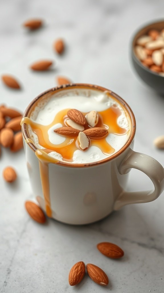A creamy Maple Almond Milk Latte topped with almonds and drizzled with maple syrup.