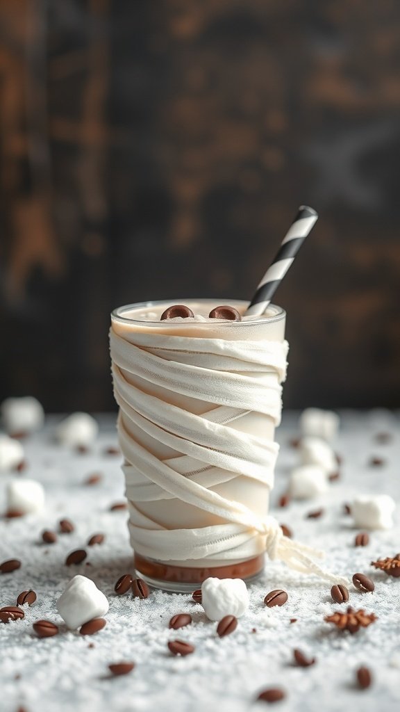 A glass of hot chocolate wrapped in white fabric resembling a mummy, with chocolate-covered coffee beans on top.