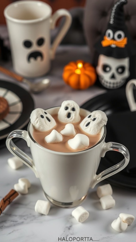 A cup of ghostly white hot chocolate topped with ghost-shaped marshmallows.
