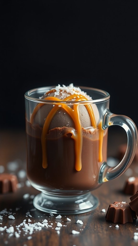 A glass mug filled with hot chocolate topped with dulce de leche and sea salt, surrounded by chocolate pieces.