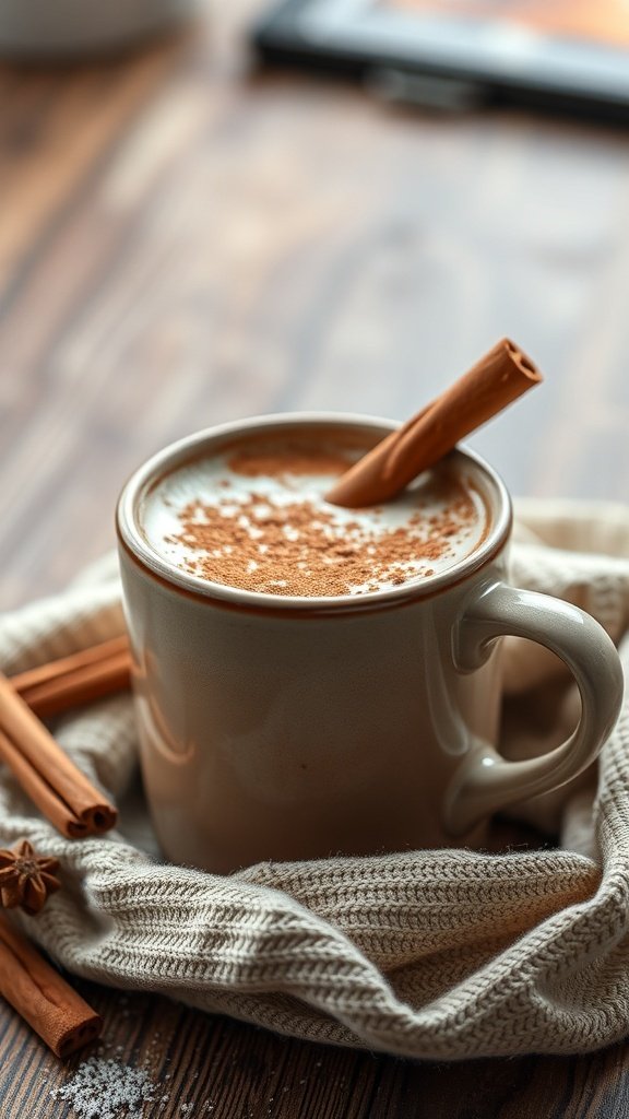 A cozy cup of Cinnamon Mocha Latte with a cinnamon stick and a knitted wrap.