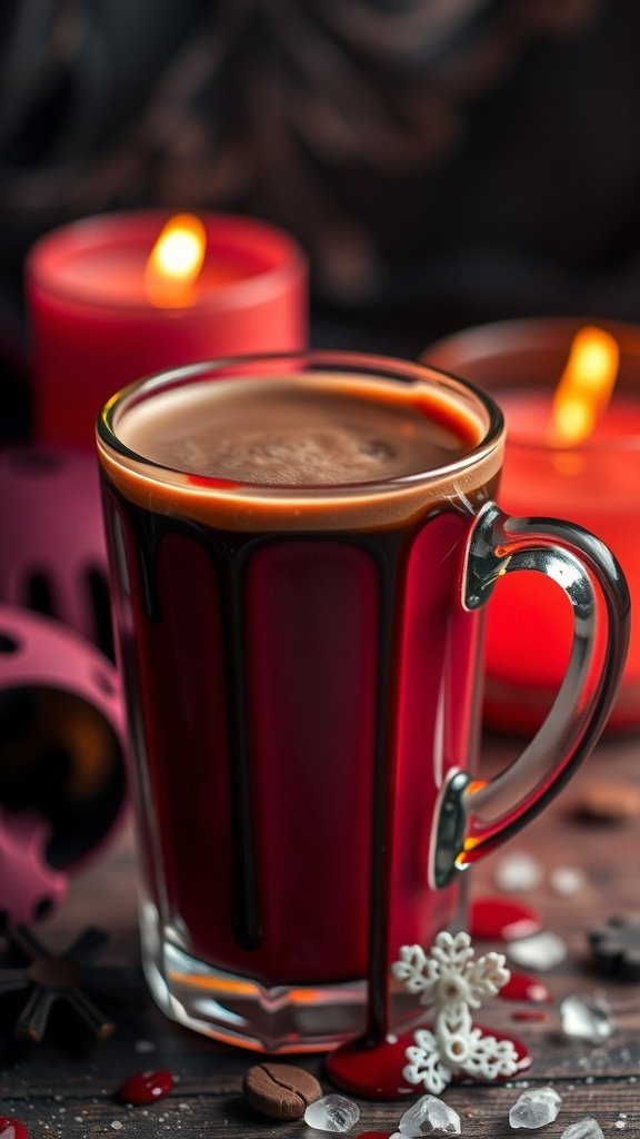 A glass of Vampire's Blood Red Hot Chocolate with candles in the background.