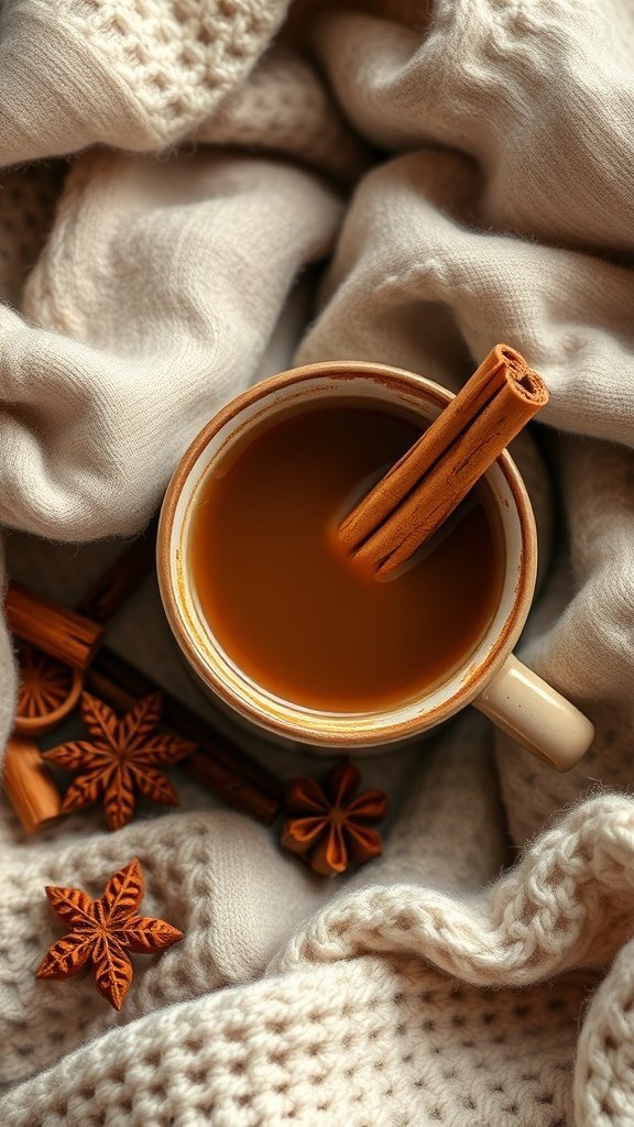 A cozy cup of chocolate cinnamon chai with cinnamon sticks on a soft blanket.