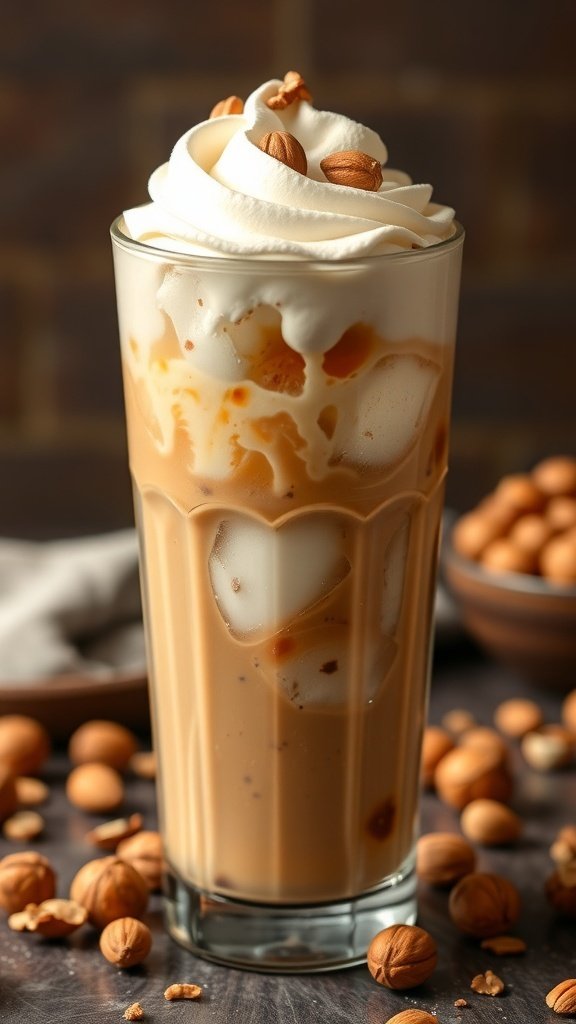 A glass of Hazelnut Cream Cold Brew topped with whipped cream and hazelnuts