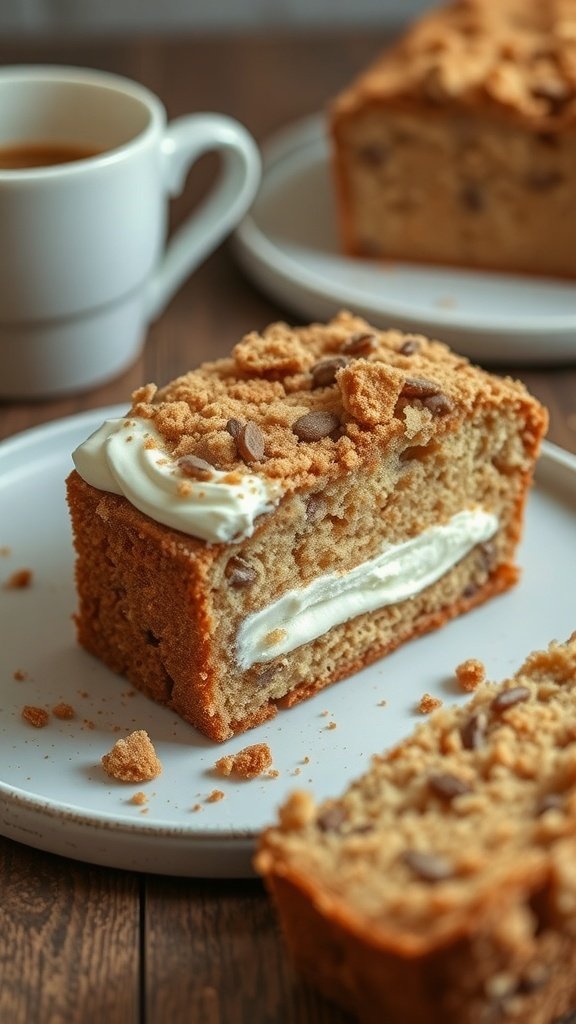Slice of coffee cake with sour cream swirl and a cup of coffee