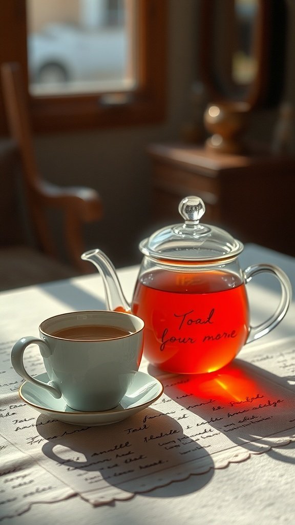 A cozy scene featuring a cup of tea and a kettle on a handwritten tablecloth, with sunlight streaming through a window.