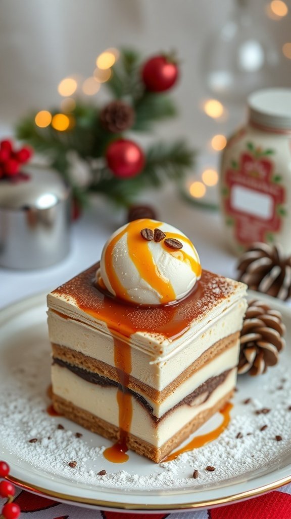 A delicious slice of tiramisu topped with ice cream and caramel sauce, served on a festive plate.