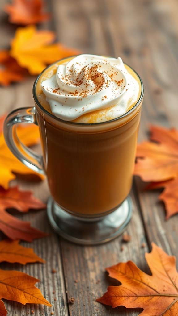 A spiced pumpkin latte topped with whipped cream and cinnamon, surrounded by autumn leaves.