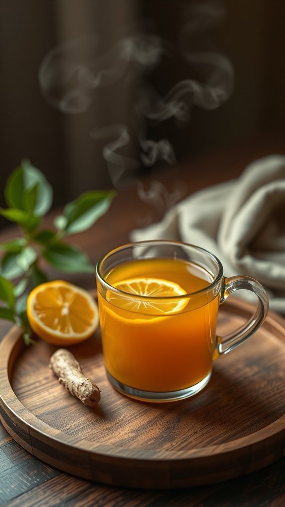A steaming cup of turmeric tea with lemon and ginger on a wooden tray.