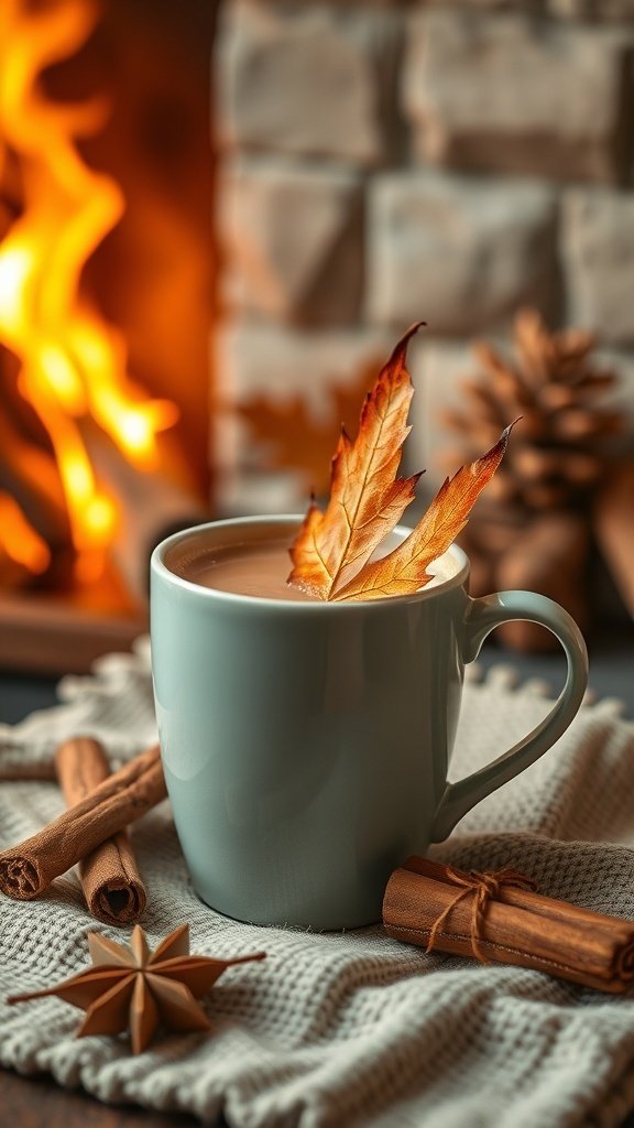 A cozy cup of Maple Cinnamon Brew with cinnamon sticks and a leaf garnish