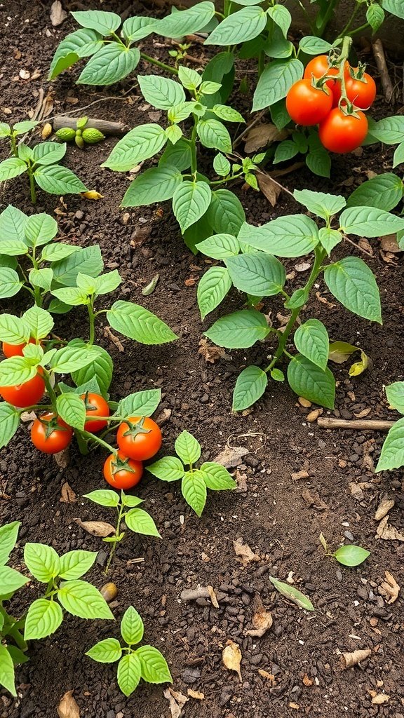 Healthy tomato plants with ripe tomatoes growing in soil