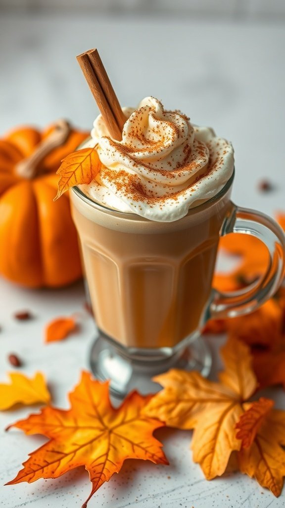 A warm Pumpkin Spice Latte topped with whipped cream and cinnamon, surrounded by autumn leaves and a pumpkin.