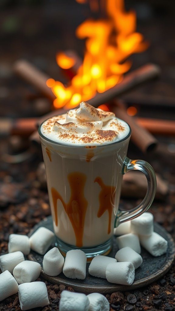 A cozy cup of toasted marshmallow brew topped with whipped cream and mini marshmallows, with a warm fire in the background.