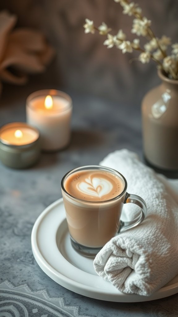 A cozy pumpkin spice latte with a heart design, surrounded by candles and flowers.