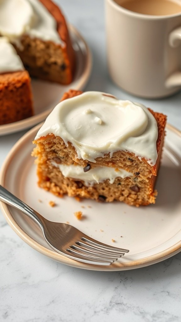 Slice of cream cheese coffee cake on a plate with a fork and a cup of coffee in the background.