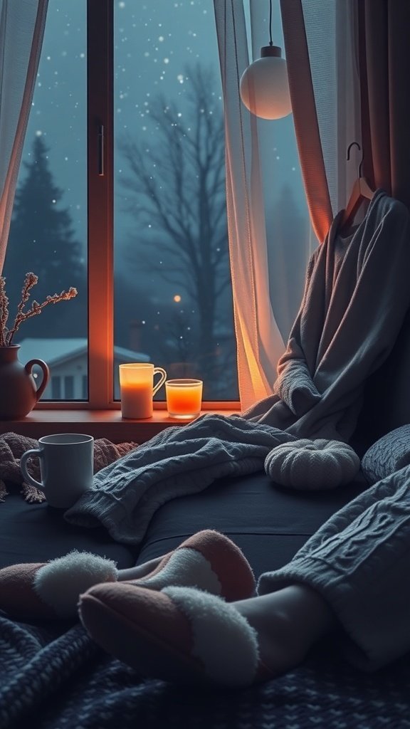 A cozy evening scene with a warm mug, candles, and a soft blanket by the window.