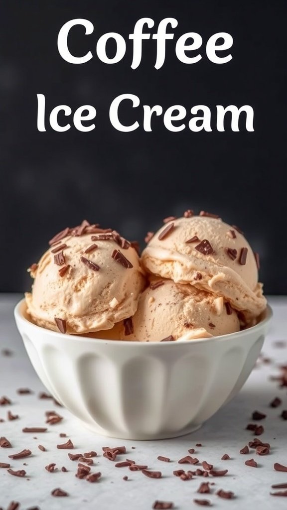 A bowl of coffee ice cream topped with chocolate shavings.