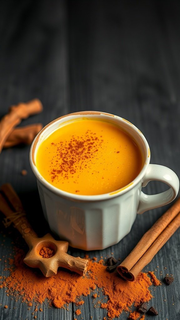 A cozy cup of golden milk latte with cinnamon sticks and turmeric powder