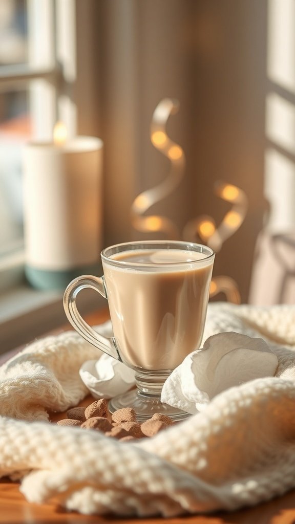 A cozy scene featuring a glass mug of warm beverage, surrounded by a soft blanket and snacks, with a candle in the background.