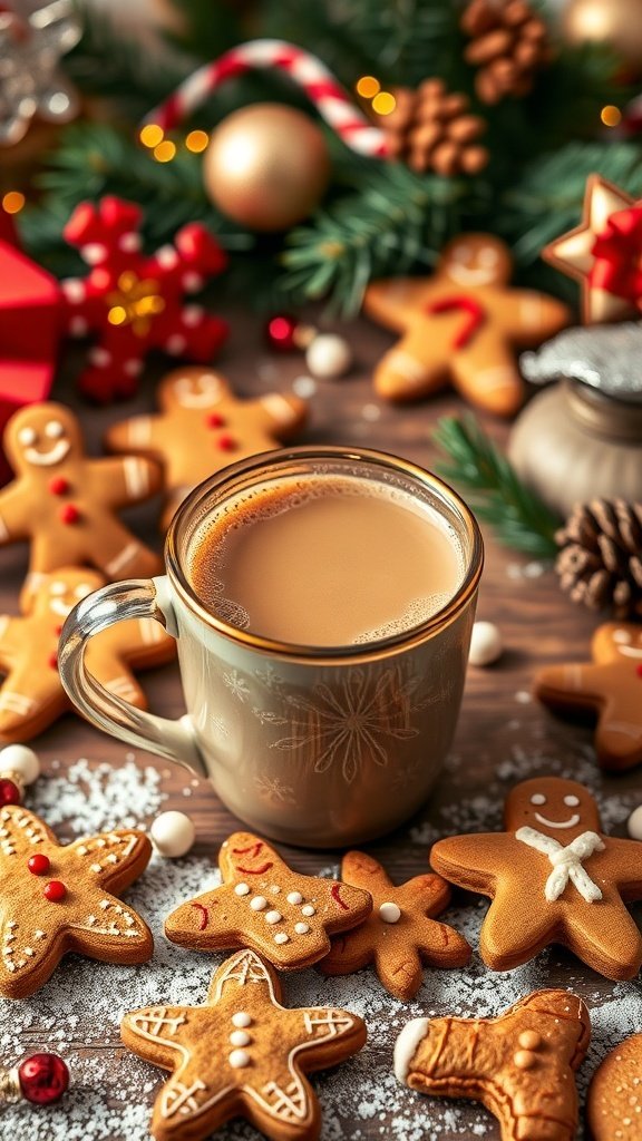 A cozy cup of gingerbread spice brew surrounded by gingerbread cookies and holiday decorations.