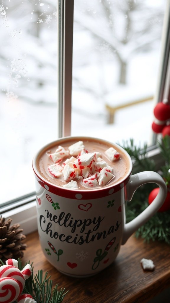 A cozy mug of peppermint hot chocolate topped with marshmallows and crushed peppermint, sitting by a snowy window.