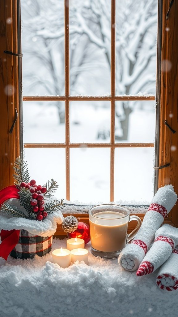 A cozy winter scene with a gingerbread chai latte, candles, and festive decorations by a frosty window