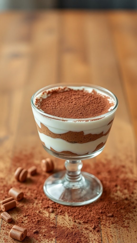A glass of coffee tiramisu with cocoa powder on top.