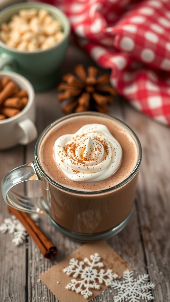A cozy cup of hot chocolate topped with spiced whipped cream, a cinnamon stick, and festive decorations.