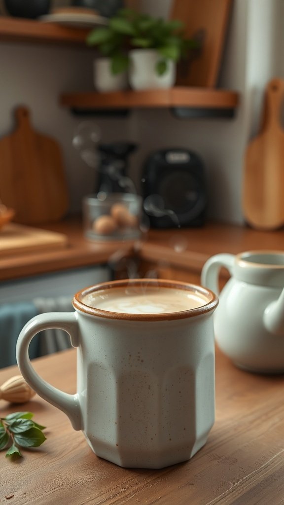 A steaming cup of vanilla latte on a wooden table with a cozy kitchen background.