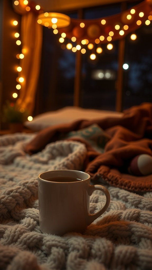 A cozy mug with a candle inside, surrounded by soft blankets and warm lights