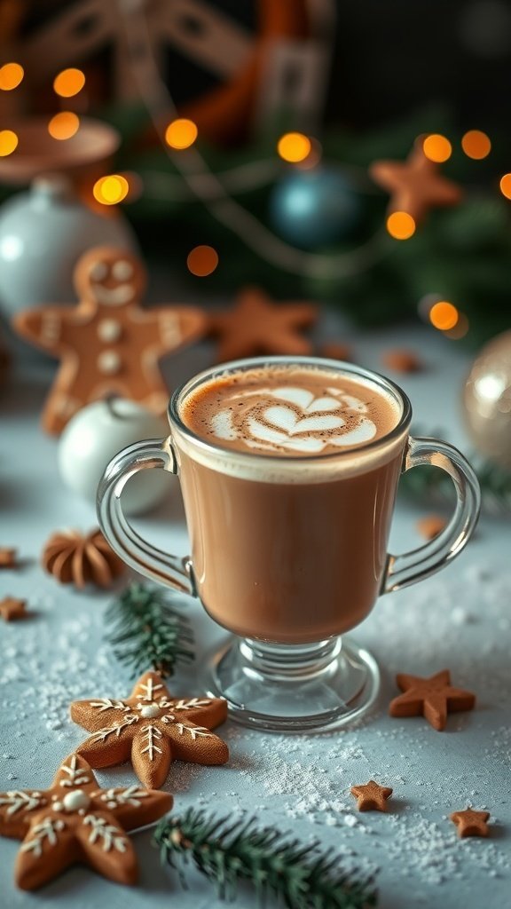 A gingerbread chai latte in a glass mug, surrounded by gingerbread cookies and festive decorations.