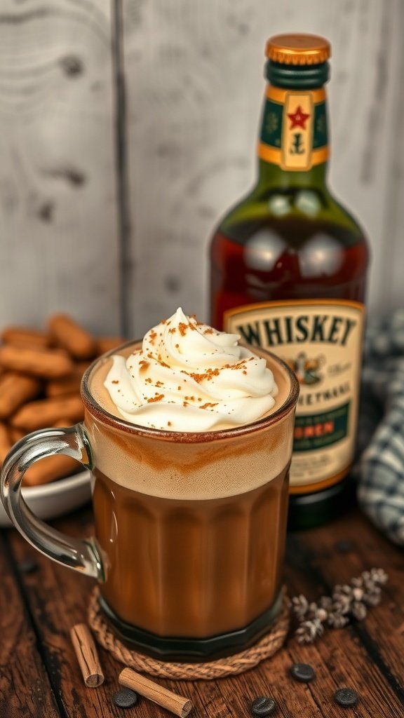 A glass of Irish coffee topped with whipped cream, with a whiskey bottle in the background.