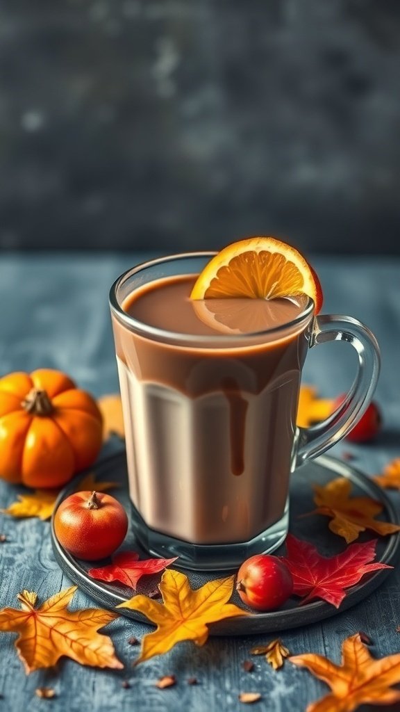 A glass of orange zest chocolate drink with autumn leaves and pumpkins