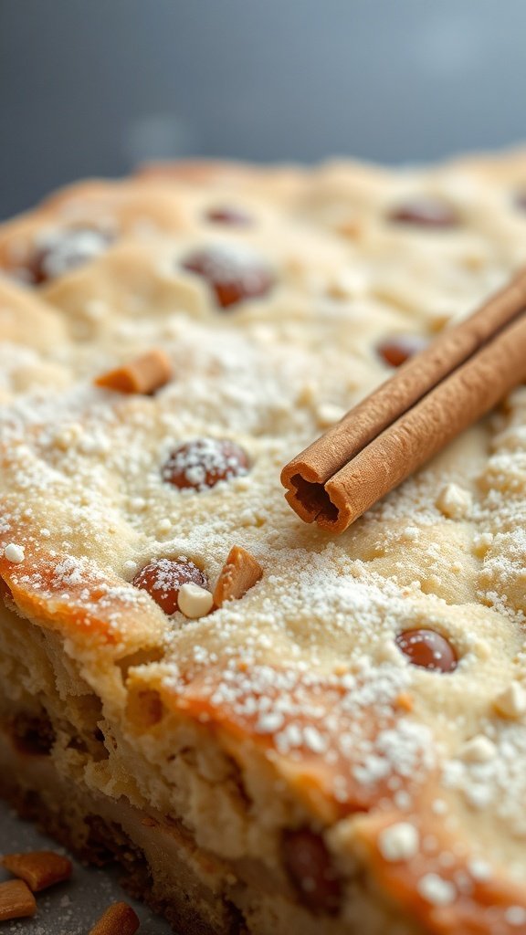 A close-up of a coffee cake topped with powdered sugar and cinnamon sticks.